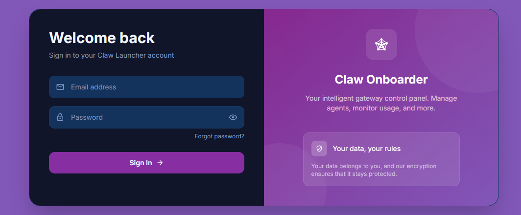 Claw Onboarder login screen